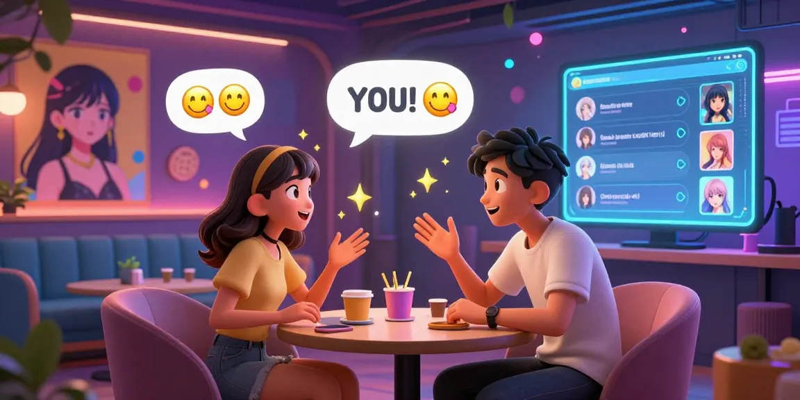 Engaging free ai ecchi chat scene with animated characters in a vibrant virtual lounge.