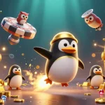 Experience the excitement at nhatvip with a golden penguin launching into space towards a vibrant casino.
