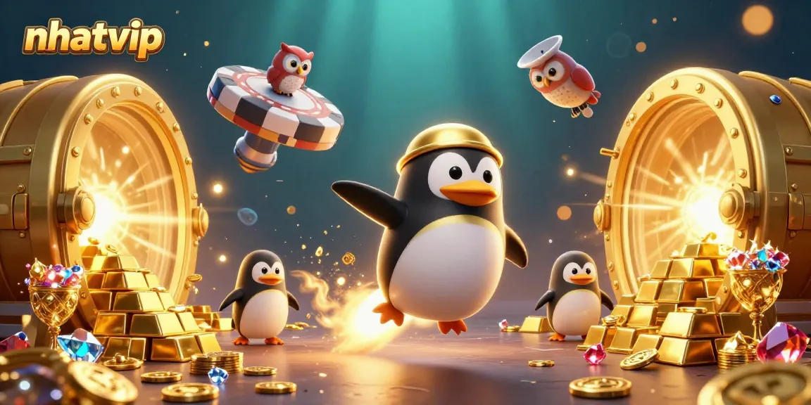 Experience the excitement at nhatvip with a golden penguin launching into space towards a vibrant casino.