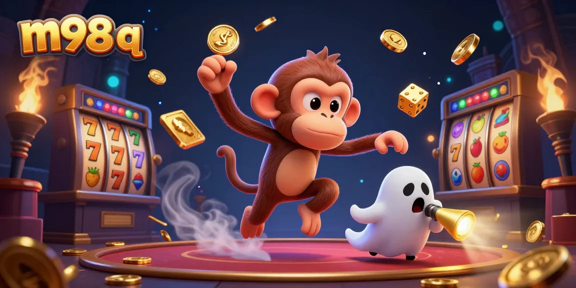 Experience exciting gaming with m98 q as a poltergeist monkey juggles golden slots and coins.