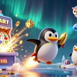 Experience thrilling adventures with m98 q as a golden penguin rides a cosmic rocket towards a casino jackpot