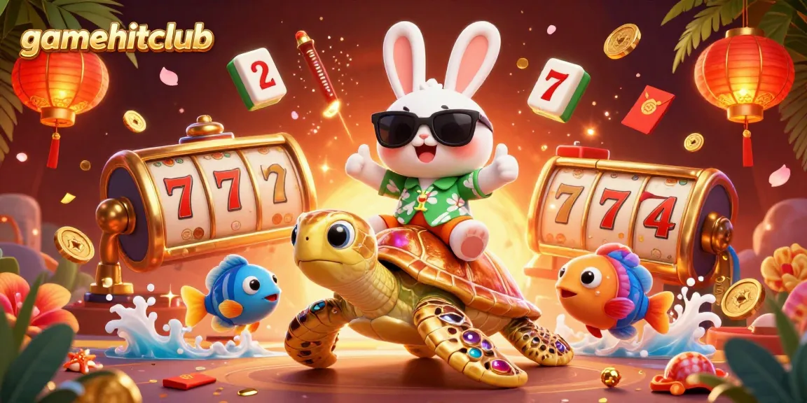 Experience excitement at gamehitclub with an engaging 3D casino illustration featuring a lucky rabbit and a golden sea turtle.
